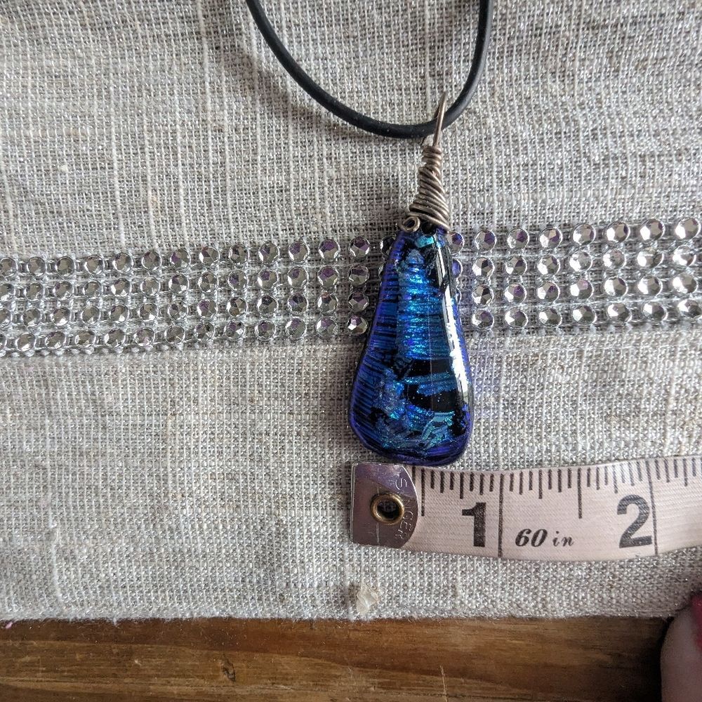 Handmade Deep Amethyst Blue Iridescent Glass Teardrop Pendant Necklace Black Cor - Picture 6 of 8